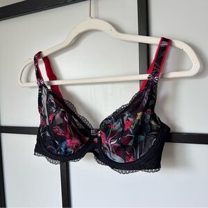 30F Freya Sultry Black Sheer Lace Bra with Multicoloured Floral Embroidery Women